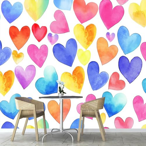 Fototapete 3D Effekt Aquarell Herz 300×210 cm, Geometrie Herz Tapete Wandbild Tapeten Für Kinderzimmer Deko Wohnzimmer Schlafzimmer