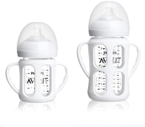 2 Pack Silicone Sleeves for Philips Avent Glass Natural Baby Bottles 4oz and 8oz, Anti Breakage Baby Bottle Holder with Handle, Feeding Bottle Handle (White)