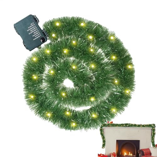 Guirnalda de Navidad LED, guirnalda iluminada de Navidad, guirnalda de Navidad de aguja de pino de 16.4 pies con luces LED, guirnaldas de Navidad verdes para chimenea, ramas de pino, guirnalda