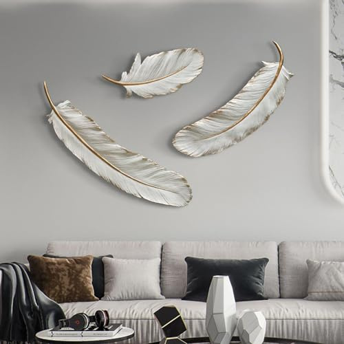 CVQJL Wanddeko Metall, 3D-Feder-Wanddekoration, Wandkunst mit Federn aus Kunstharz, Flügel, weißgoldene Feder-Wandskulptur für Wohnzimmer, Schlafzimmer, Zuhause