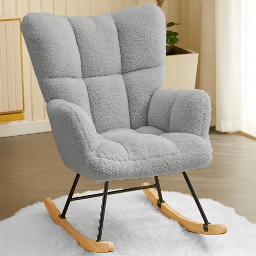 Hawthyhome Rocking chair,Lambswool with High Backrest Armrest,Upholstered up to 136 kg load-bearing Comfy Stabilise Rocking Chair for Livingroom Bedroom Balcony Gray