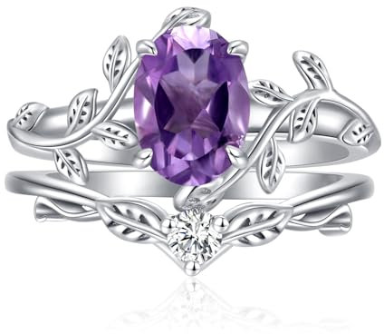Ovaler Amethyst-Verlobungsring-Set für Frauen – 925 Sterling Silber, Amethyst-Ring mit Ranken- und Blattdesign, einzigartiges Brautgeschenk, Größe 6