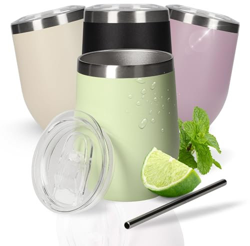 Weinbecher 350 ml 'Vinova' - doppelwandiger Edelstahlbecher hält Getränke lange kalt - Trinkbecher mit Deckel und Strohhalm - Becher als perfekte Geschenkidee für den Sommer, Farbe:grün