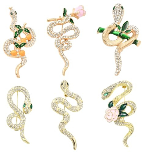 Stiesy 6 x Strass-Brosche, Schlangen-Brosche, goldfarben, mit Blume, Kristall-Abzeichen, elegante Tier-Anstecknadeln, Broschen, Schmucknadel-Set für Damen und Herren, modische Kleidung, Rucksäcke