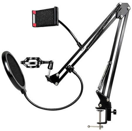 LxsNyvantic Mikrofon Arm Ständer Set, Verstellbarer Mikrofonarm Mit 4-Achs-Faltarm, Ganzmetall-Schraubklemme,3/8–5/8–1/4 Adapter, Pop-Filter & Windschutz, Kompatibel Mit Blue Yeti/HyperX/FIFINE