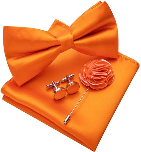 Ailisus Orange Fliege Herren Vorgebunden Satin Fliege und Einstecktuch mit Ansteckblume Manschettenknöpfe Set für Feste