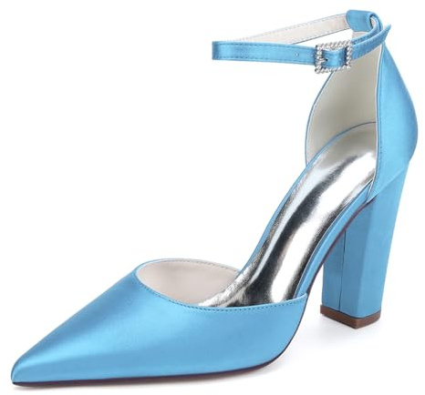LRMYMHY Chaussures De Mariage en Satin À Bretelles De Cheville pour Femmes Talons À Talons Blocs Talons De Mariée À Bout Pointu,Sky Blue,39 EU