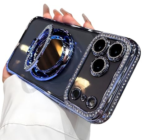 Emlivi Magnetic Case for iPhone Air, Magnets Wireless Charging with Mirror Ring Stand Mobile Phone Case, Sparkling Camera Protection Case Glitter TPU Case Luxury Diamond Protective Case for iPhone Air