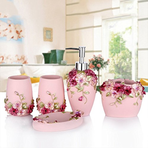 HYLR Badezimmer-Set europäischen Stil Resin Bauernhaus Stil Waschen Sie es Badezimmer 5 Stück Bad Seifenspender Zahnbürstenhalter Seifenhalter Tasse Zahnputzbecher Badezimmer Zubehör Set Accessoires