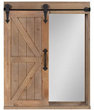 Kate and Laurel Cates Gabinete decorativo de madera con espejo rectangular y puerta corredera de granero, 22 x 28 pulgadas, marrón rústico, decoración de granja para almacenamiento de pared