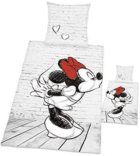 Klaus Herding GmbH Bettwäsche Disney Minnie Mouse Kiss Bezug 135x200cm Kissen 80x80cm Partnerbettwäsche 100% Baumwolle Wendemotiv mit Reißverschluss