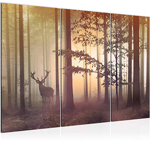 Runa Art Wandbilder Wald Hirsch Bild XXL Schlafzimmer Wohnzimmer Gelb Nebel 120 x 80 cm 3 Teilig 013431c
