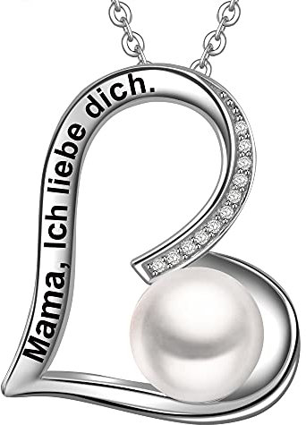 LOVORDS Damen Halskette Gravur 925 Sterling Silber Süßwasser Perlenkette Weiß 9mm Herz Anhänger Mutter Geschenk für Mama