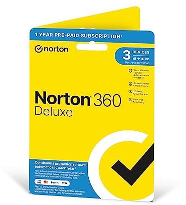 Norton 360 Deluxe 2025, Antivirus software for 3 Devices and 1-year subscription with automatic renewal, Includes Secure VPN and Password Manager, PC/Mac/iOS/Android, Activation Code by Post