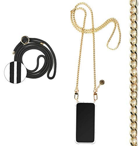Jalouza Handykette, Kordel & Hülle Bundle kompatibel mit iPhone 12 & 12 Pro - Gliederkette in Gold und Kordel in Farbe Schwarz-Gold Plus Handyhülle zum umhängen