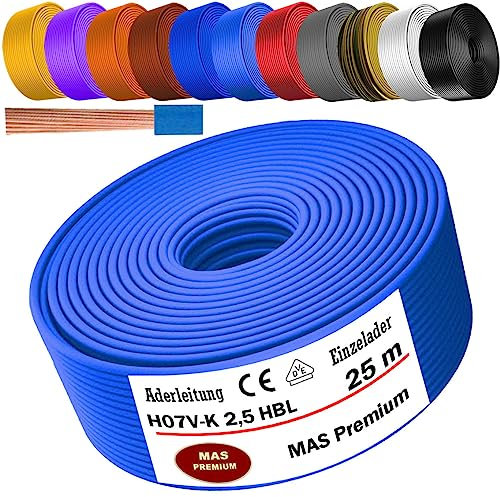MAS Premium Cable eléctrico H07 V-K 1 x 2,5 mm² HBL GRGE RT DBL BR OR GR WS VIO o GE cable individual flexible de 5 a 100 m (azul claro, 25 m)