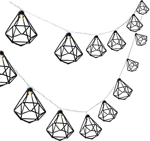 SUAVER 20LED Geometric String Lights, Black Diamond Cage Metal Lantern Polygonal Battery Operated LED Fairy String Lights Christmas Garden Wedding Party Home Decoration (Diamond)