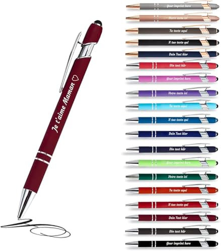Jolis Papiers - x12 - Stift personalisiert 2 in 1 - Personalisierter Kugelschreiber mit Gravur I Chrom-Metall I Softtouch Feeling I schwarz schreiben I integrierter Stylus