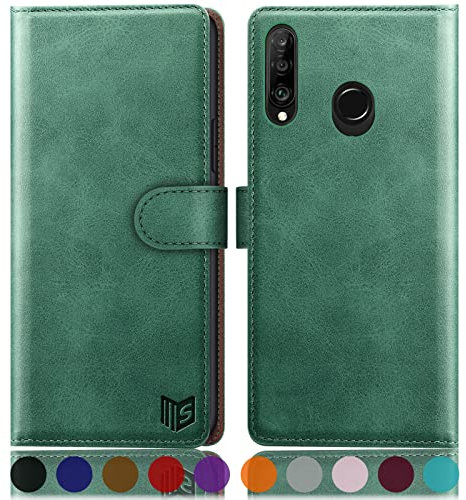SUANPOT [RFID Schutz für Huawei P30 Lite Hülle PU Leder Handyhülle Lederhülle Klapphülle Kartenfach Flip Cover für Huawei P30 Lite Handy hülle Leather Wallet Phone Case hellgrün