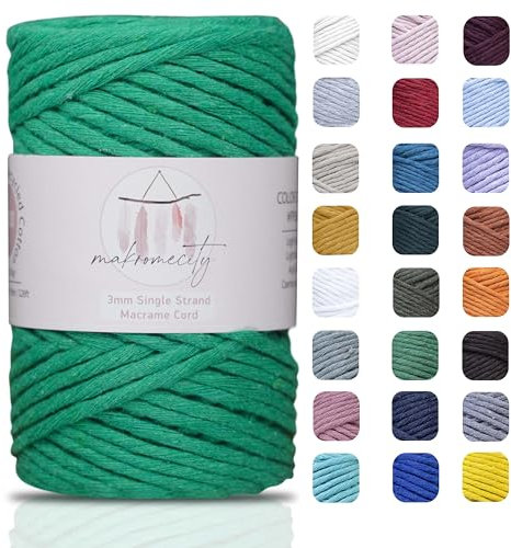 Makromecity, Einzelstrang-Makramee-Schnur, 3 mmx100 m, Makramee-Schnur, Makramee-Schnur für Makramee-Federn, recyceltes Baumwollkordelgarn DIY (30 Farben erhältlich) (Benetton Green)