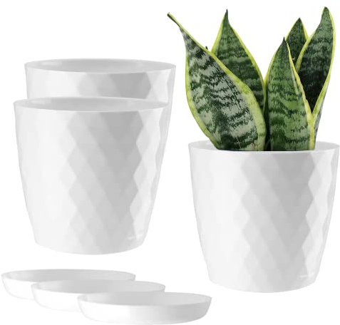 ORTEN Plant Pot Indoor Plastic Flower Pots with Saucer All House Plants, Herbs, Cactus, Orchid, Succulents Set of 3 (Ø 14cm (5.51 in), White)