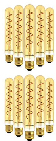 paul russells Flexible Spiral Filament T32 LED Edison Screw E27 Vintage Lights - Pack of 10 – 25W Equivalent, 4W 1800K ES Long Tube Decorative Retro Bulbs Non-Dimmable - Extra Warm White, Flicker Free