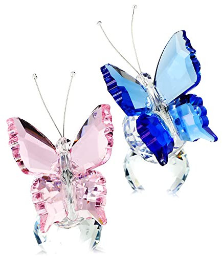 H&D Hyaline & Dora Kristall Schmetterling Figur mit Kugelsockel, Glas Schmetterling Tier Statue Tischdekoration Briefbeschwerer 2 Stück
