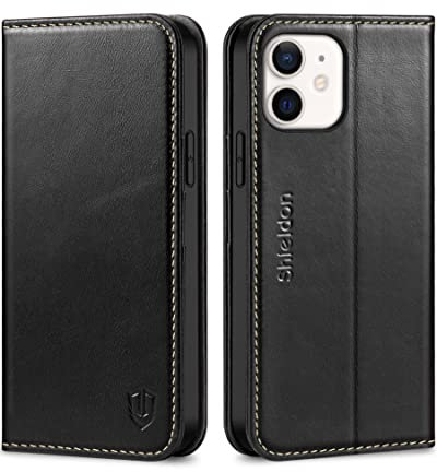 SHIELDON Hülle für iPhone 12 /iPhone 12 Pro Handyhülle [Echtleder] [Kartenfach] [Stand] [RFID-Sperre] [Magnet], Schuzhülle Klapphülle TPU Lederhülle Kompatibel mit iPhone 12 6.1 - Retro Schwarz