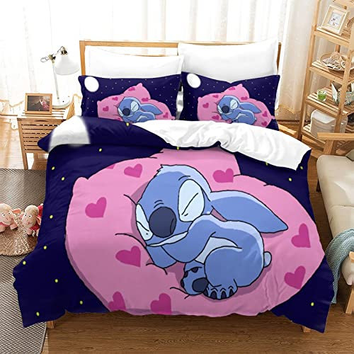 Stitch Kinder Bettwäsche 3D Print Betten Set Bettwäsche Set Microfaser Qualität Bettbezug Mit Kissenbezug 3 Teilig Sets Double(200x200cm)