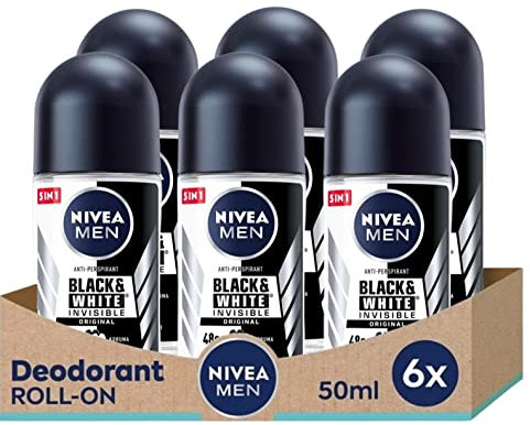 Nivea BLACK WHITE ORIGINAL, ROLL-ON – FREE ALCOHOL, ANTIPERSPIRANT DEODORANT, 48 HOURS PROTECTION, 1.7 OZ (Pack of 6), 50.0 milliliters