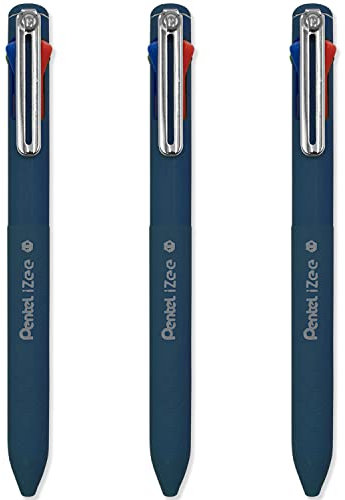 Pentel iZee 4-Farben-Kugelschreiber, dunkelblauer Schaft, Multi-Tinte, Schwarz, Blau, Rot und Grün, 3 Stück