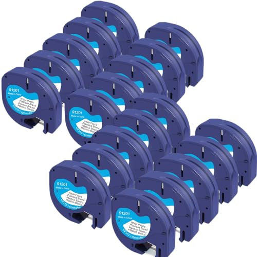 Molabel 20er-Pack kompatible Dymo LetraTag Etikettenbänder – 12 mm x 4 m, Schwarz auf Weiß, Kunststoff. Passend für LetraTag LT-100H, LT-100T, XR, XM, 200B. Entspricht Modell 91221.
