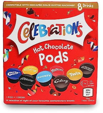 Dosettes de chocolat chaud Celebrations compatibles avec les machines à dosettes Dolce Gusto Twix, Mars, Bounty, Snickers, Galaxy, Malteser, Voie lactée et caramel galaxie