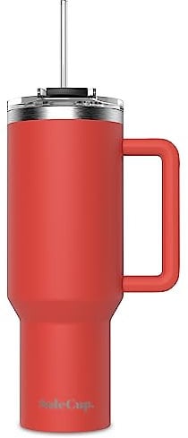 SoleCup. 40oz Travel Mug with Handle, Lid and Two Straws, Drinks Stay Hot for 8 Hours, Cold for 24 Hours, Double Wall Vacuum Insulated Stainless Steel Tumbler… (Red, 40oz)
