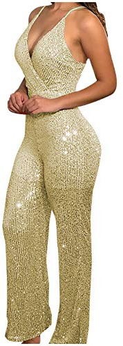 Jumpsuit Damen Elegant | Festliches Jumpsuit | Party Jumpsuit | Glitzer Jumpsuit | Playsuit | Hosenanzug | Romper | Pailletten-Overall | V-Ausschnitt | Ärmellos | Damen Ärmellos Einteiler Overall
