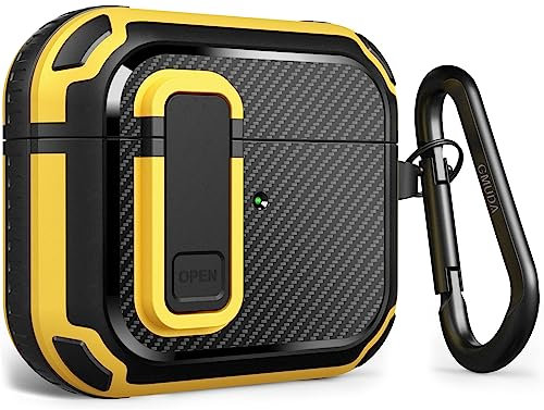 GMUDA AirPod 3 Case Cover mit Schloss, Kompatibel mit AirPods 3rd Generation(2021), Carbon Fiber, Full Drop Protection für AirPods 3, Gelb