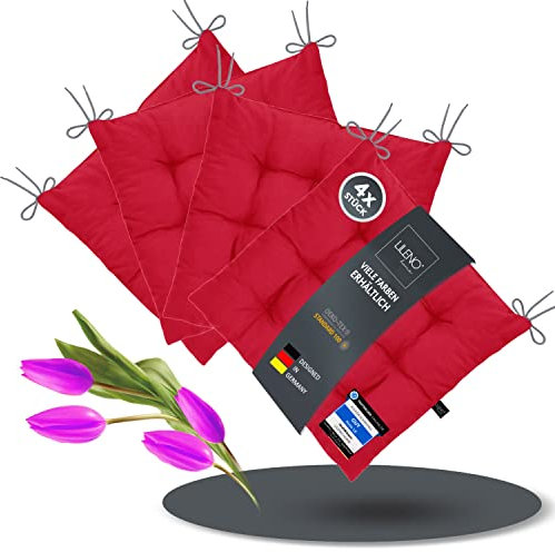 LILENO HOME 4er Set Stuhlkissen 27 Rot (40x40x6 cm) - Sitzkissen für Garten, Küche oder Esszimmer - UV-beständige Indoor u. Outdoor Stuhlauflage als Stuhl-Kissen (Linda FUM)