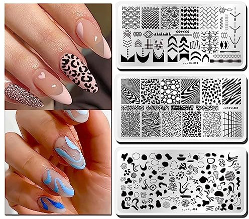 JUNPU Nagel Stempelset Nagelstempel Schablonen,3 Stück French Stamping Schablone Geometrie Stempel Nageldesign Streifen Leopard Stamping Schablone Stempel für Nägel Schablone Nail Stamping Platten