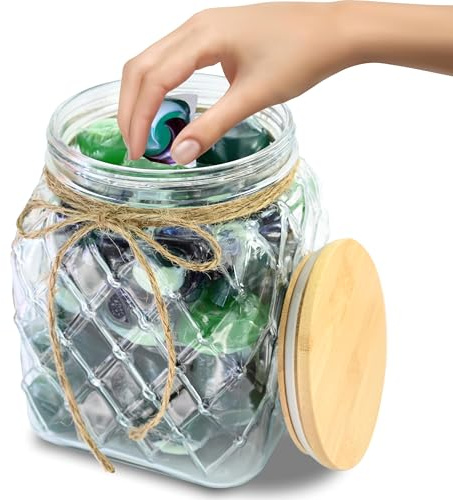 Glass Laundry Pods Container, Laundry Containers with Ropes & Wooden Lid | Laundry Room Organization Jars, Dishwasher Pods Container, Laundry Jars