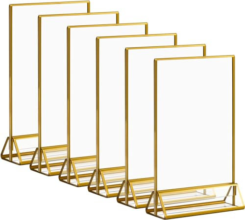 LATERN 6 Pièces Porte-Affiche en Acrylique Transparent avec Bordure Dorée, 15CM x 21CM Porte-Menus de Table Double Face Cadres Photo avec Support Vertical pour Mariage Table Numéros Panneaux