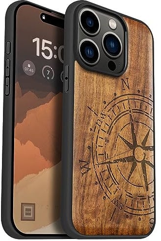 Carveit Holz Handyhülle für iPhone 15 Pro Handyhulle kompatibel mit MagSafe Massivholz für Apple 15 Pro Handyhülle Stoßfeste Stoßstange Weich TPU hulle(Nussbaum-Vintage Kompass)