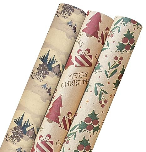 Geschenkpapier Weihnachten Rolle 5m, 3pcs Weihnachtsgeschenkpapier, Weihnachtspapier Geschenkpapier, Kraft Gift Wrapping Paper Set Braun Natur Nostalgisch Nachhaltig Geschenkverpackung Packpapier Lang