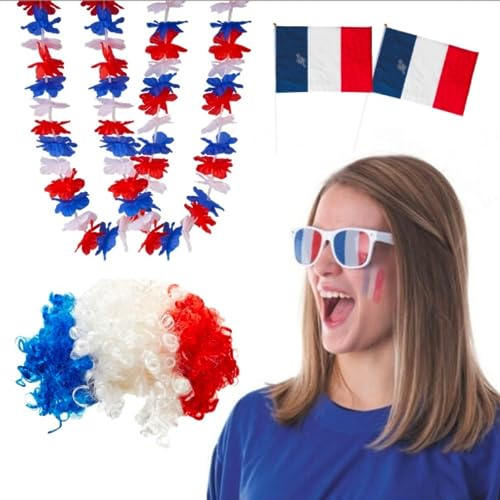 Fan-Set Frankreich – Perücke Afro, 2 Flaggen Frankreich, 30 x 45 cm, 2 Halsketten Hawaiianische Frankreich, Brille mit weißem Gitter – Set für Fans Frankreich, Allez les Bleus, 6 Zubehörteile für