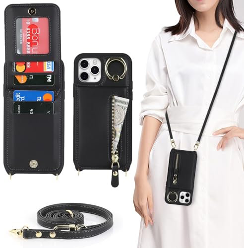 Zouzt for iPhone 11 Pro Case with Cord and Card Holde, Zipper Wallet Case with Crossbody Lanyard Ring Adjustable Necklace Protective Cover Women for iPhone 11 Pro 5.8 Inch - Black