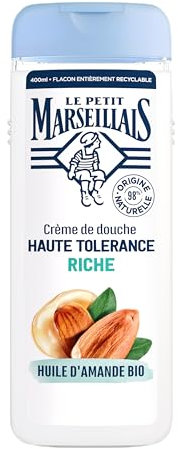 Le Petit Marseillais | Crème de Douche Haute Tolérance Riche Huile d’Amande Bio (flacon de 400 ml) – 98% d'ingrédients d'origine naturelle – Gel douche pour peaux très sèches et sensibles