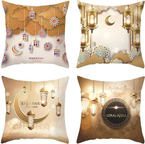 Sunshine smile 4 Stück Ramadan Kissenbezug,45x45cm Ramadan Dekokissenbezüge,Ramadan Wurfkissenbezüge Set,Ramadan Deko Kissenhülle,Kissen Ramadan,Leinen Dekokissen für Eid Mubarak Sofa Wohnzimmer