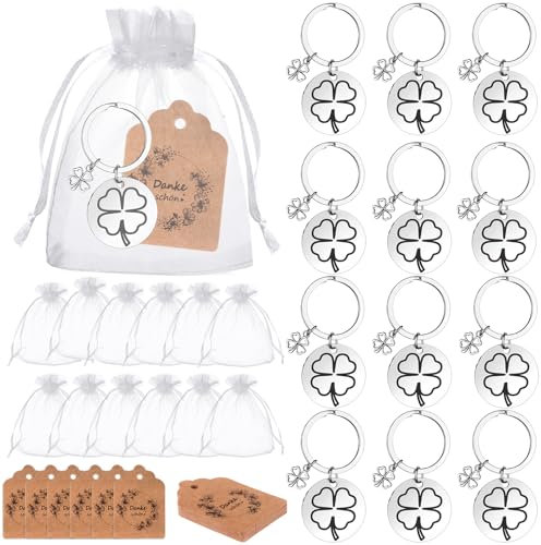 36Pcs Schlüsselanhänger mit vierblättrigem Kleeblatt, Geschenke, 12 Stück Edelstahl-Schlüsselanhänger, 12 Stück Dankeskarten, 12 Stück Organzabeutel, Dankes-Schlüsselanhänger, irischer Tag (rund)