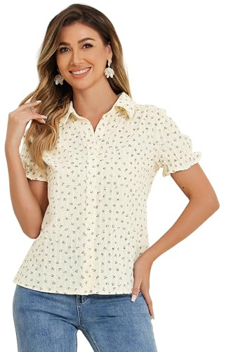 Allegra K Women's Peter Pan Collar Shirt Cotton Vintage Short Sleeve Button Down Shirt, Brown Floral, L