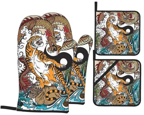 Topflappen Und Topflappen Set Von 4 Chinesischer Drache Und Tiger Topfpads Doppelschicht Weiches Grillhandschuhe, Für BBQ, Grillen