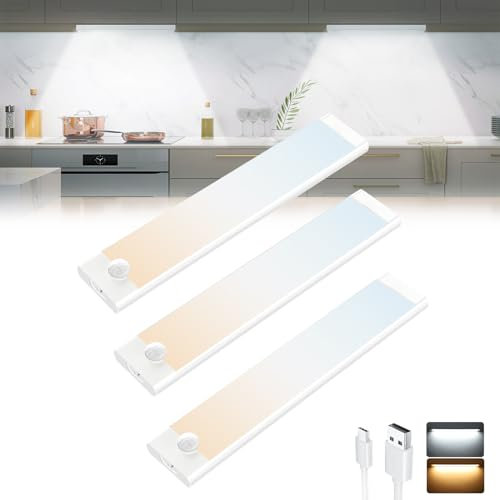 Tailcas Under Cupboard Kitchen Lights, 20cm 3 Pack 2000mAh Rechargeable Dimmable Motion Sensor Lights Indoor, 44 LEDs 2 Color Temps Wardrobe Lights Stick On Magnetic Closet Lights for Kitchen